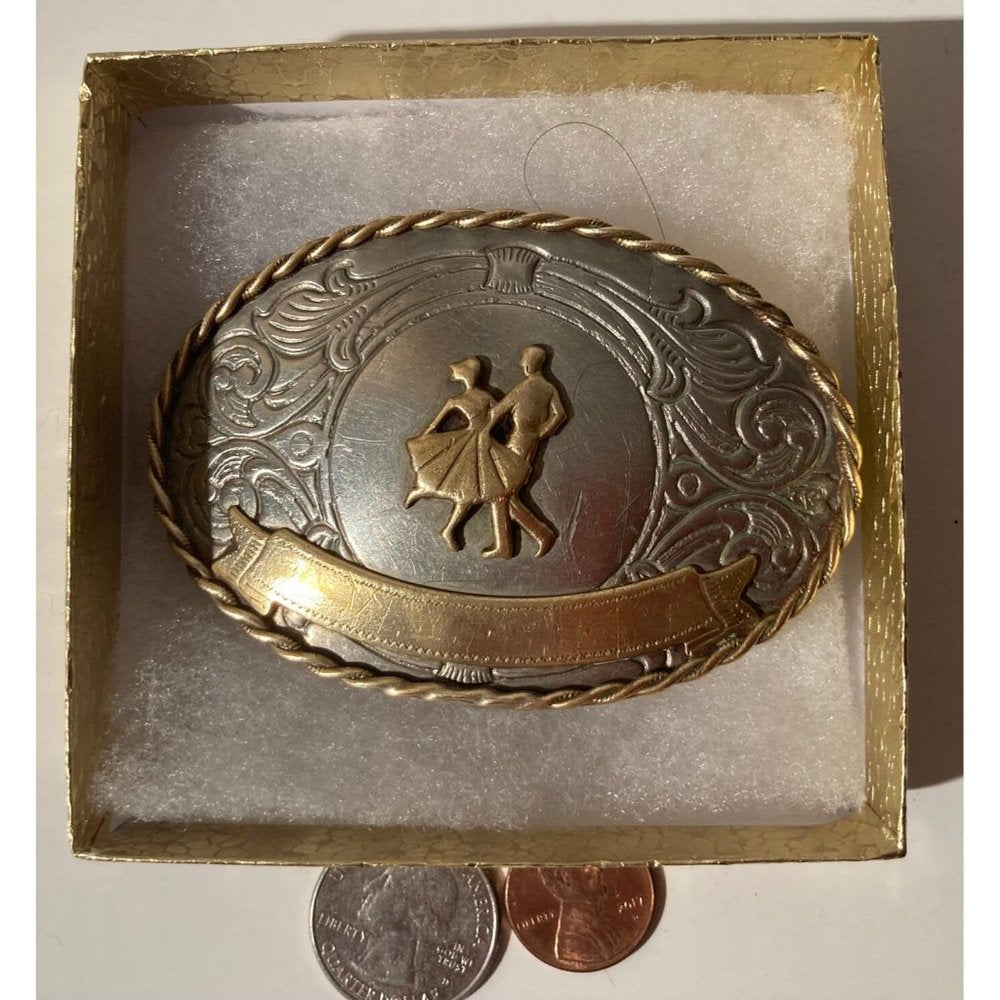 Vintage Metal Belt Buckle, Nickel Silver and Brass, Square Dancing, Rodeo