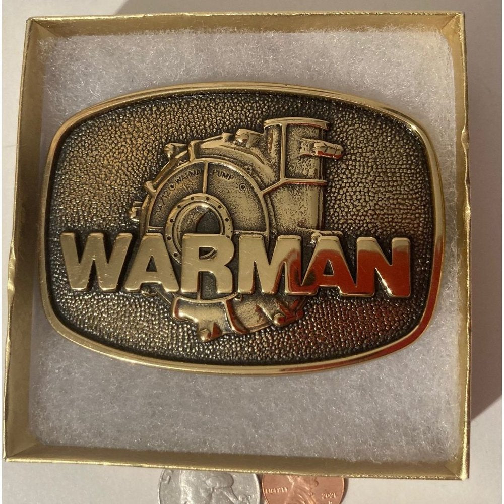 Vintage 1983 Metal  Belt Buckle, Brass, Warman, Pumps, 3 1/4", x 2 1/2",