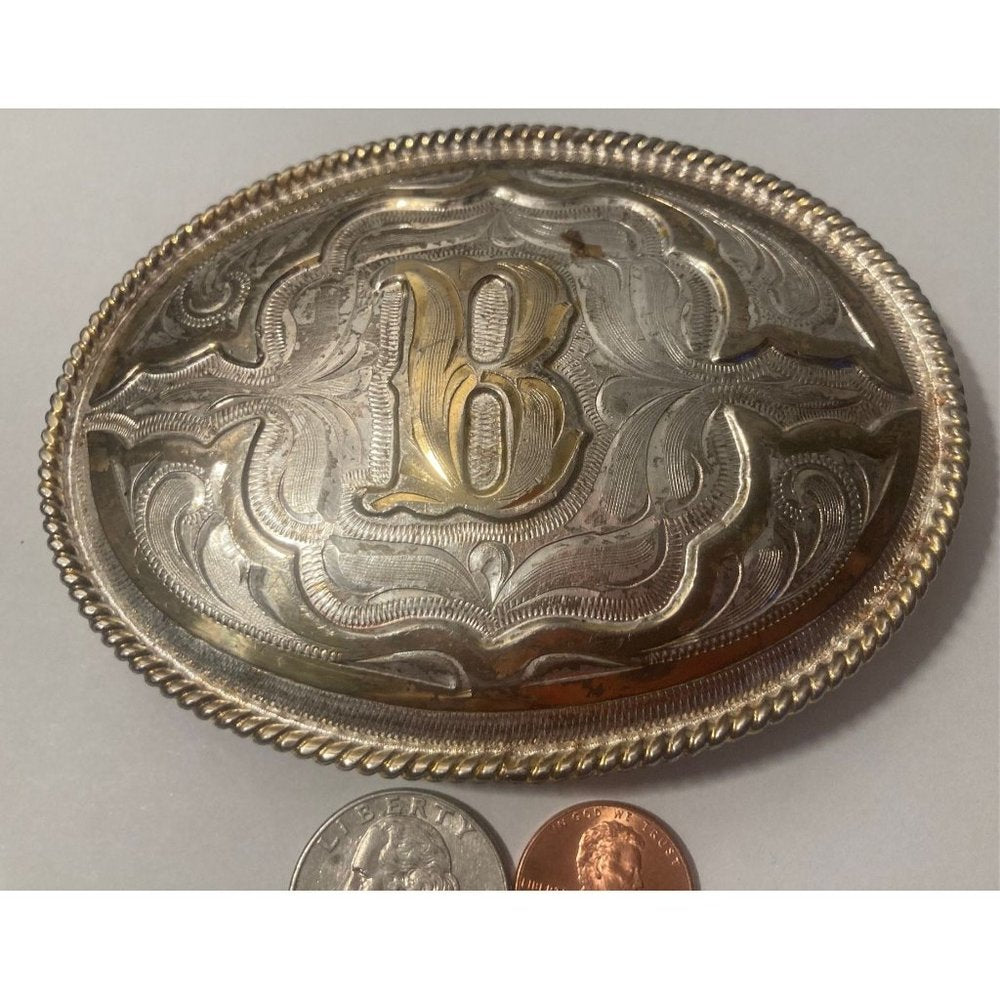 Vintage Metal Belt Buckle, Silver and Brass, Letter B, Initial B,