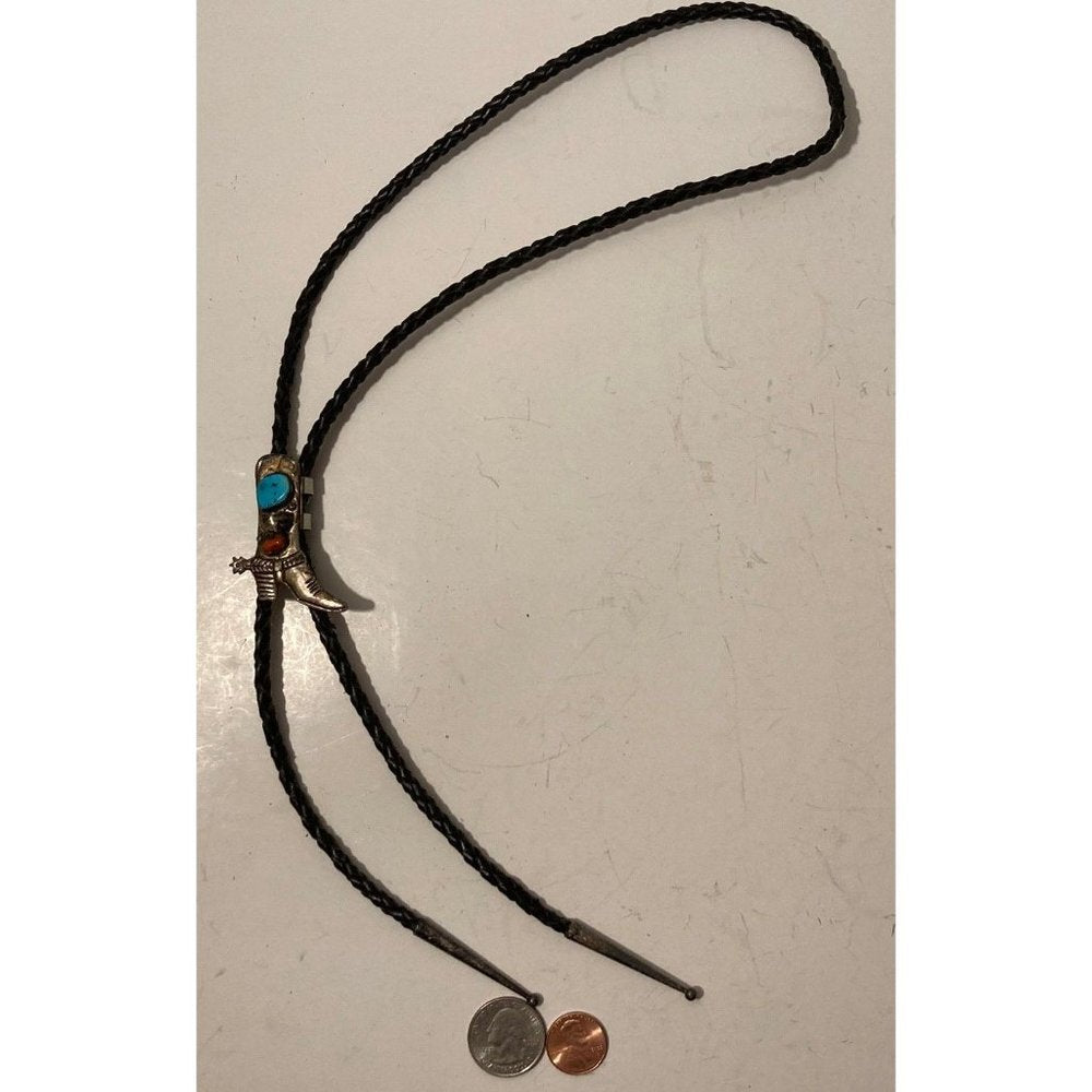 Vintage Metal Bolo Tie, Silver and Red and Blue Turquoise Stones Design,