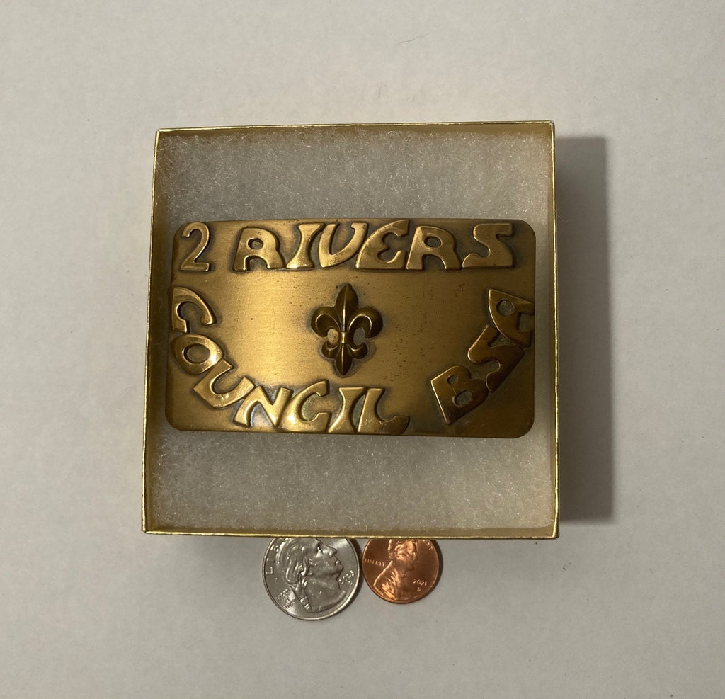 Vintage Metal Belt Buckle, Brass, 2 Rivers Council BSA, Boy Scouts of America, Nice Design, 3 1/4" x 2", Heavy Duty, Quality, Thick Metal