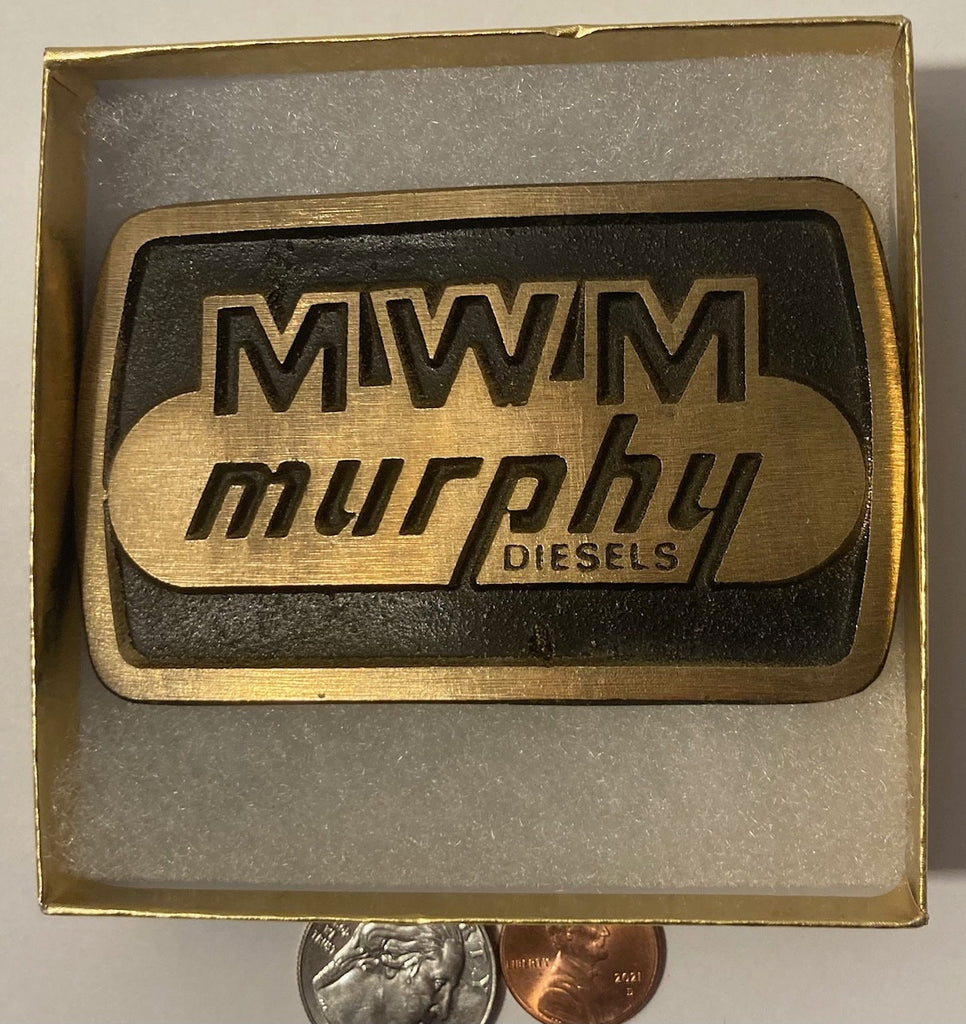 Vintage Metal Belt Buckle, Brass, MWM Murphy Diesels, Nice Design, 3 1/2" x 2 1/4", Heavy Duty, Quality, Thick Metal, Made in USA