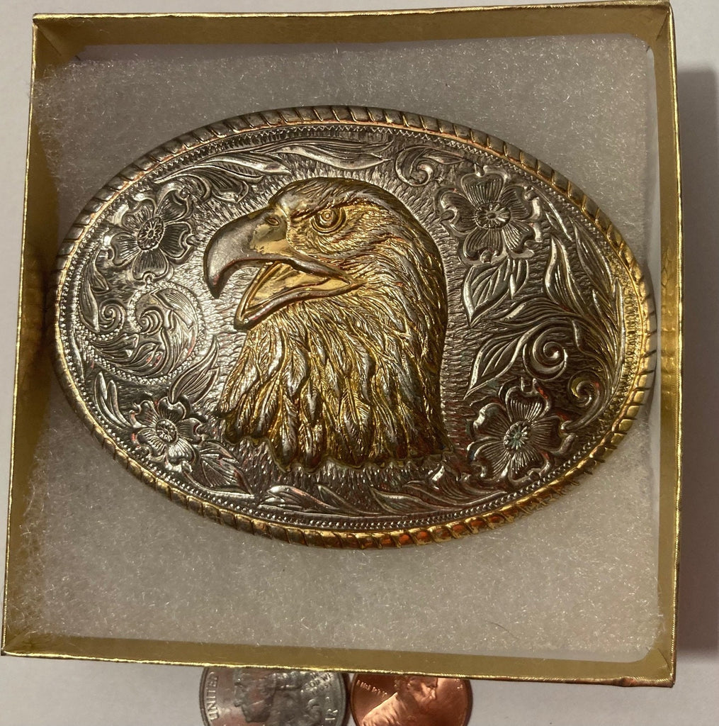 Vintage Metal Belt Buckle, Gold Plated, American Bald Eagle, Nature, Wildlife, Nice Western Design, 3 1/2" x 2 1/2", Heavy Duty, Quality