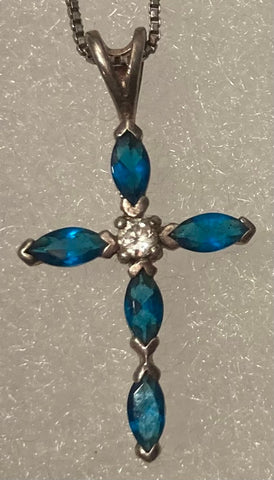 Vintage Sterling Silver Necklace, Nice Cross, Crucifix with Nice Blue and Clear Sparkly Stones Design, Nice Design, Quality, Jewelry