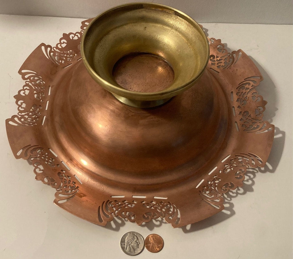 Vintage Metal Copper and Brass Fruit Bowl, Basket, Baking, Candy, Food, Heavy Duty, Thick Metal, Weighs 2 Pounds, 13" x 4 1/2", Kitchen