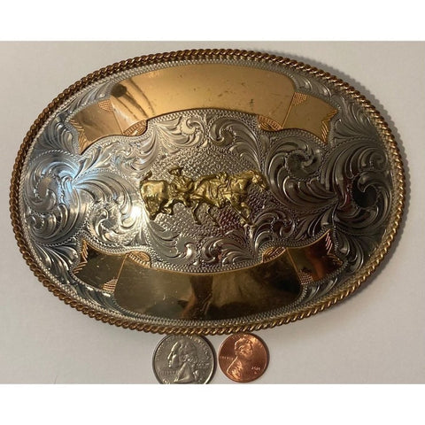Vintage Metal Belt Buckle, Nickel Silver and Brass, Cow