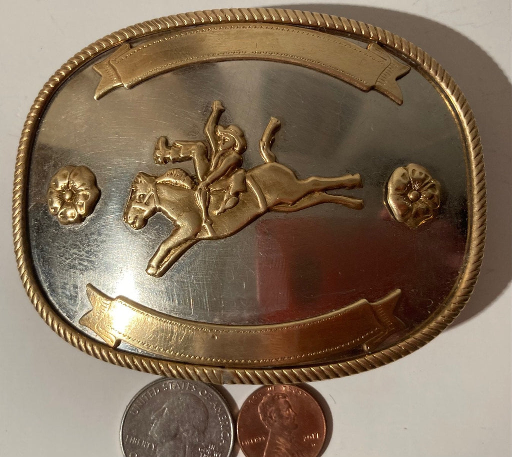 Vintage Metal Belt Buckle, German Silver and Brass, Bronco Busting, Horse Breaking,  Nice Western Design, 3 3/4" x 3", Heavy Duty