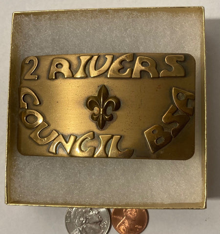 Vintage Metal Belt Buckle, Brass, 2 Rivers Council BSA, Boy Scouts of America, Nice Design, 3 1/4" x 2", Heavy Duty, Quality, Thick Metal