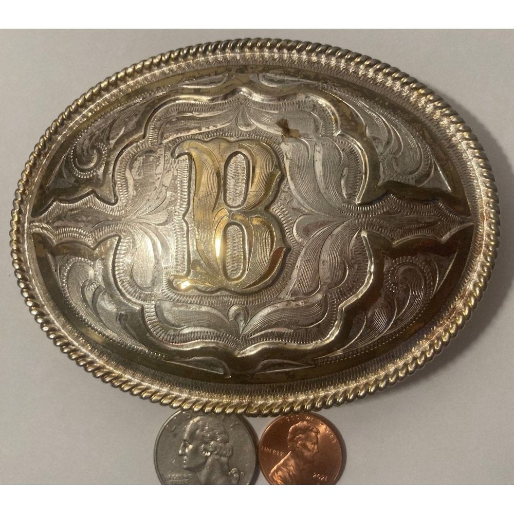 Vintage Metal Belt Buckle, Silver and Brass, Letter B, Initial B,