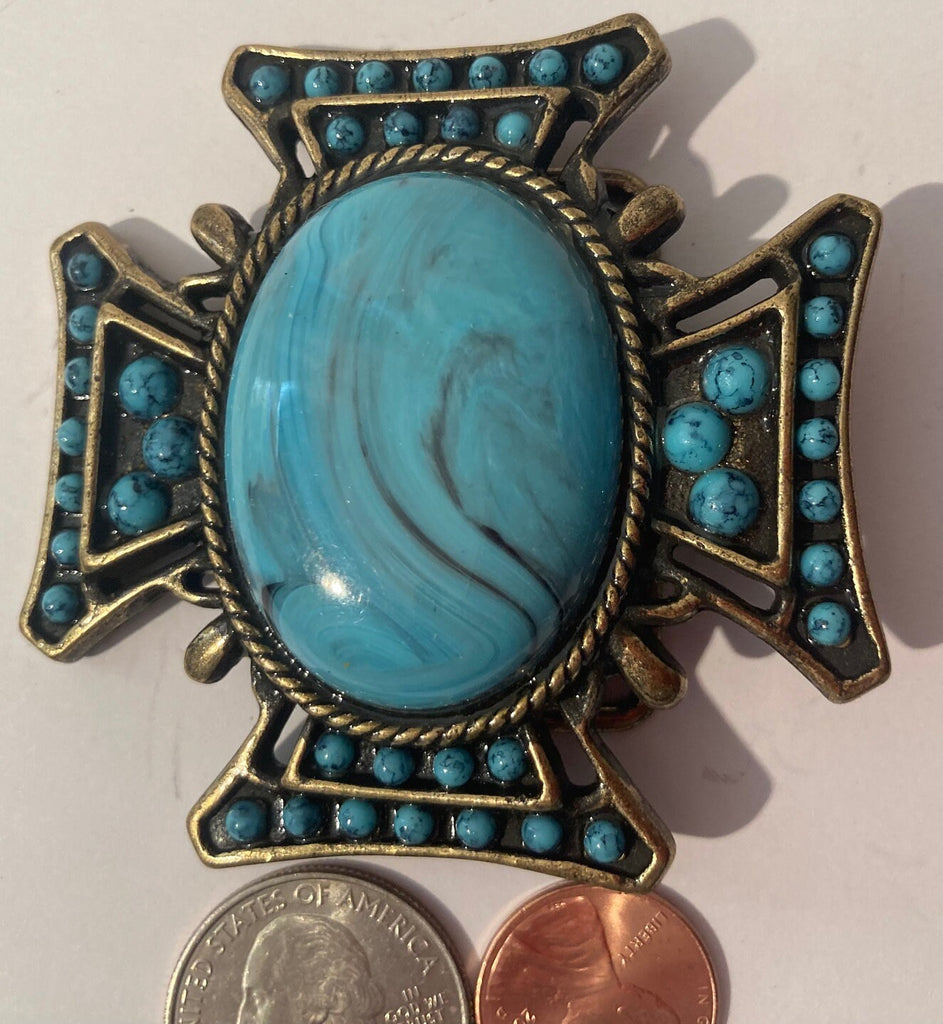 Vintage Metal Belt Buckle, Blue Turquoise, Country and Western, Heavy Duty, Quality, Clothing Accessory, Fashion, Collectible, Shelf Display