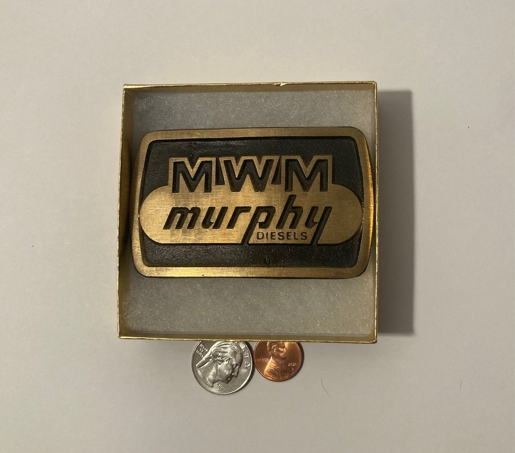 Vintage Metal Belt Buckle, Brass, MWM Murphy Diesels, Nice Design, 3 1/2" x 2 1/4", Heavy Duty, Quality, Thick Metal, Made in USA