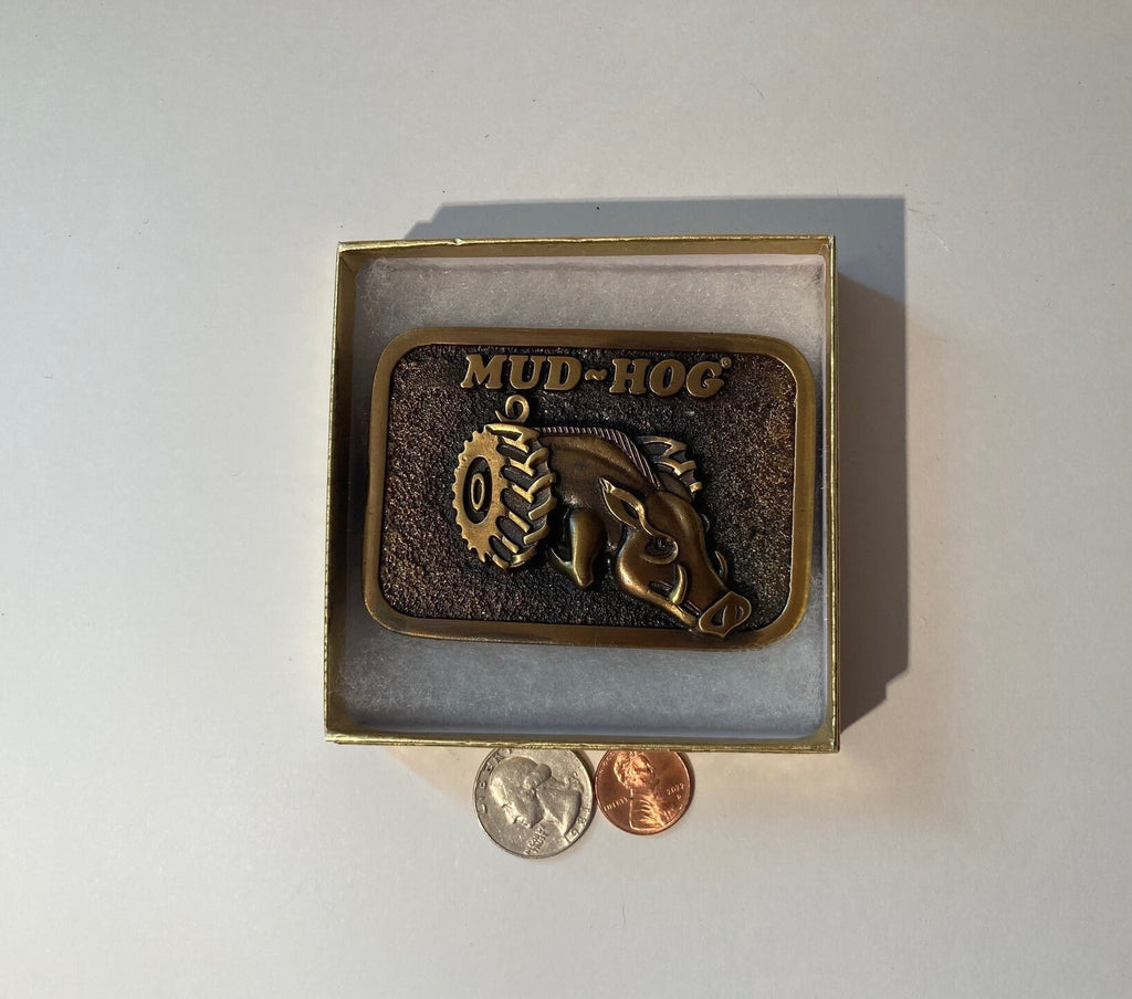 Vintage Metal Belt Buckle, Brass, Mud Hog, Rear Wheel Drive, Nice Western Design, 3 1/3" x 2 1/2", Heavy Duty, Quality, Thick Metal