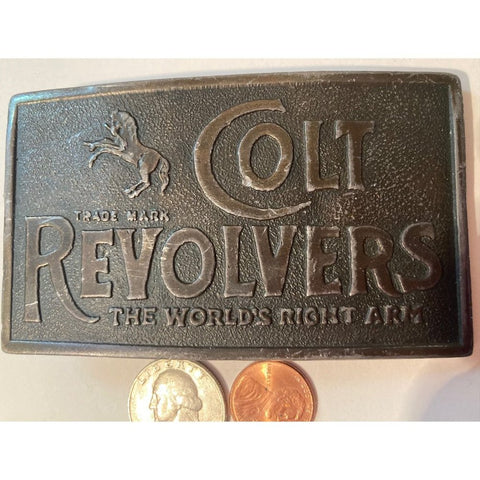 Vintage Metal Belt Buckle, Brass, Colt Revolvers, Guns, The Worlds Right Arm,