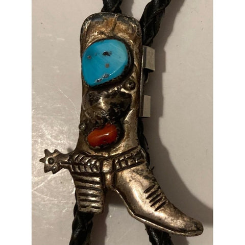 Vintage Metal Bolo Tie, Silver and Red and Blue Turquoise Stones Design,