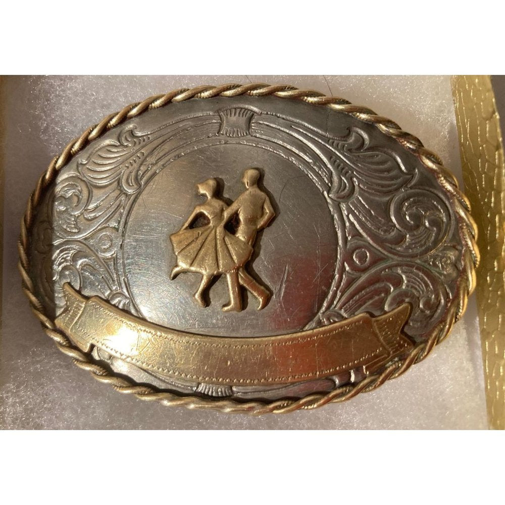 Vintage Metal Belt Buckle, Nickel Silver and Brass, Square Dancing, Rodeo