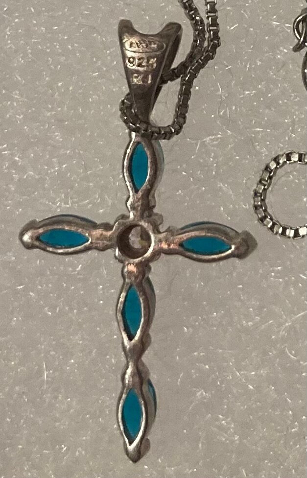 Vintage Sterling Silver Necklace, Nice Cross, Crucifix with Nice Blue and Clear Sparkly Stones Design, Nice Design, Quality, Jewelry