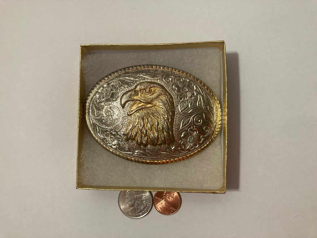 Vintage Metal Belt Buckle, Gold Plated, American Bald Eagle, Nature, Wildlife, Nice Western Design, 3 1/2" x 2 1/2", Heavy Duty, Quality