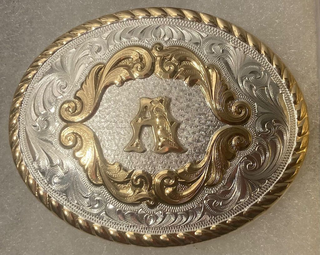 Vintage Metal Belt Buckle, Silver and Brass, Letter A, Initial A, Montana Silversmiths, Nice Design, 3" x 2 1/4", Heavy Duty, Quality
