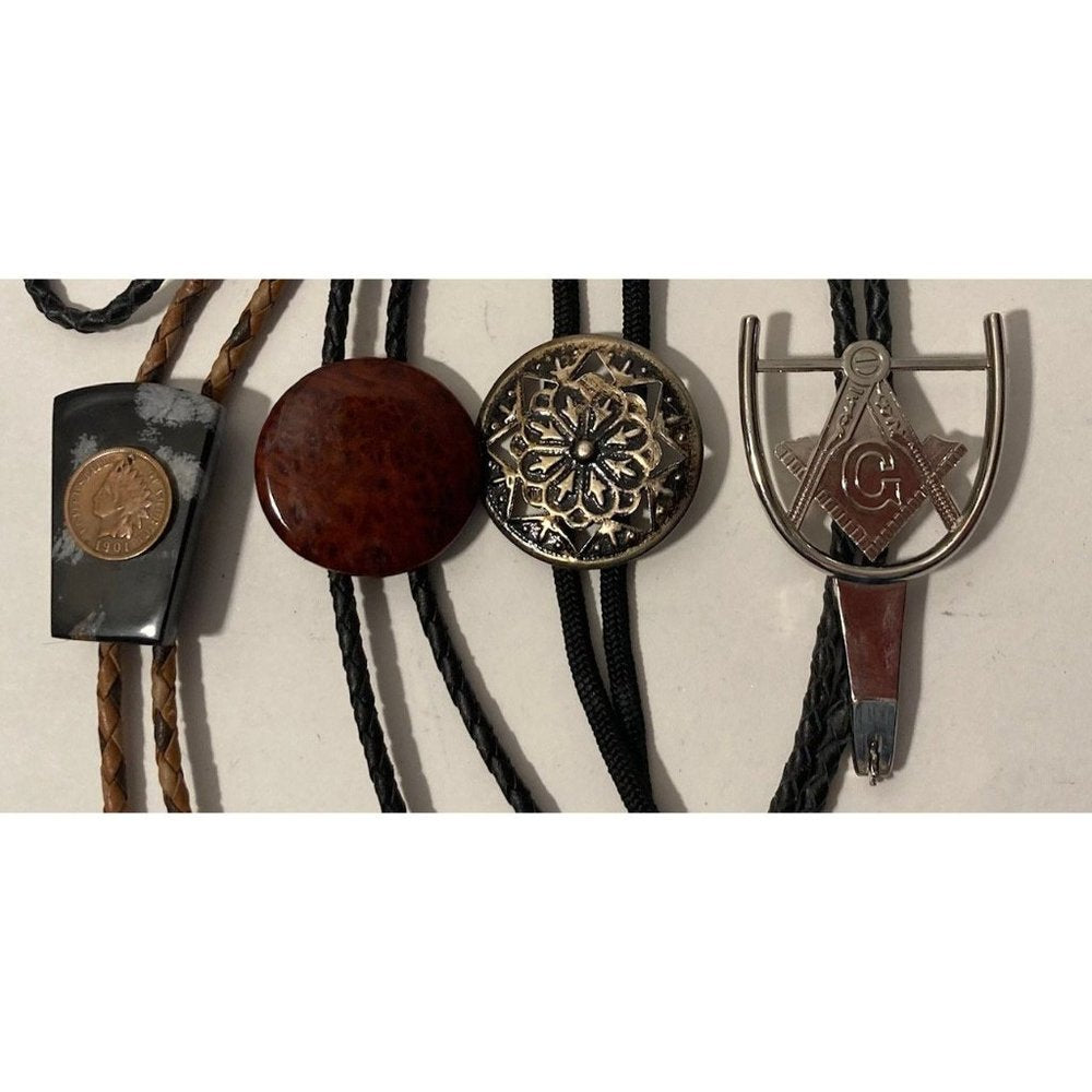 Vintage Lot of 4 Metal Bolo Ties, Nice Designs, Coin, Masonic, Stone