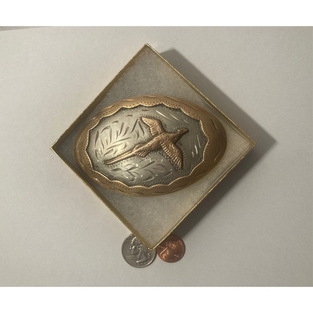 Vintage Metal Belt Buckle, Silver and Brass, Western Flair, Colorado, Pheasant