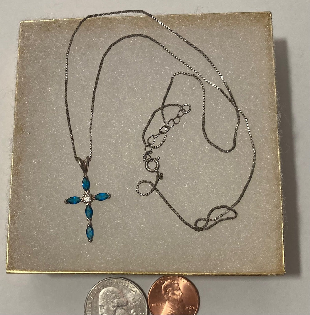 Vintage Sterling Silver Necklace, Nice Cross, Crucifix with Nice Blue and Clear Sparkly Stones Design, Nice Design, Quality, Jewelry