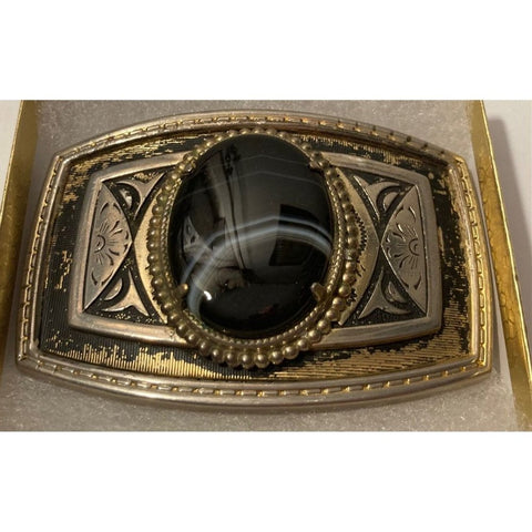 Vintage Metal Belt Buckle, Nice Black Stone with White Lines Design,