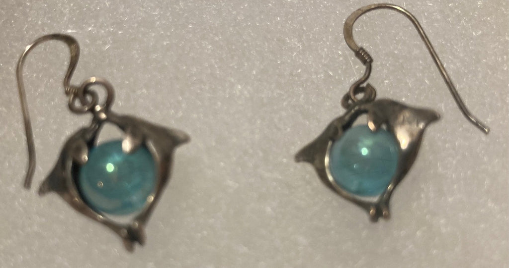 Vintage Sterling Silver Earrings, Dolphins Around Nice Blue Stone Design, Nice Design, Quality, Jewelry, 0937, Accessory, Stamped 925