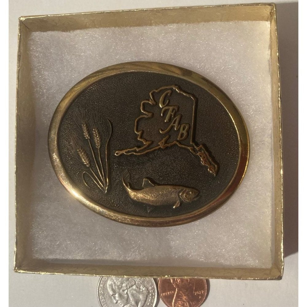 Vintage 1980 Metal Belt Buckle, Alaska, Fishing, Salmon, Anchorage,