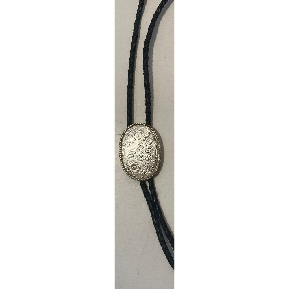 Vintage Metal Bolo Tie, Silver and Brass, Nice Etched Design, Nice Western Desig