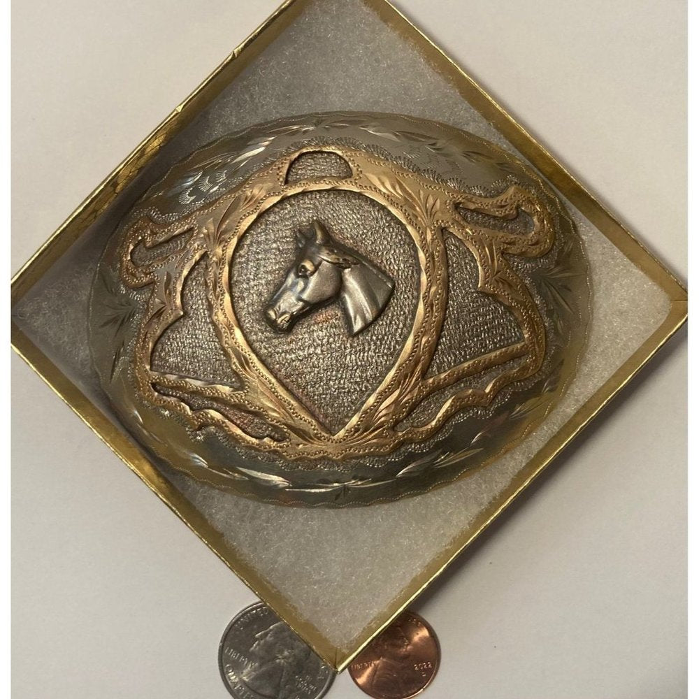 Vintage Metal Belt Buckle, Silver and Brass, Nice Horse Design, Rodeo,