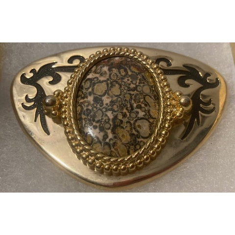 Vintage Metal Belt Buckle, Nice Black and Brown Speckled Stone Design