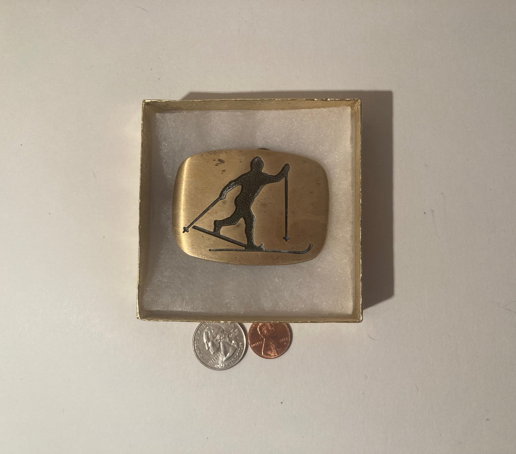 Vintage Metal Belt Buckle, Brass, Skiing, Cross Country, Ski, Snow, Lodge, Nice Western Design, Cowboy, 2 3/4" x 2", Heavy Duty, Made in USA