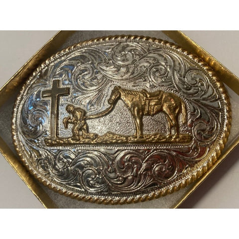 Vintage Metal Belt Buckle, Silver and Brass, Justin, Cowboy Prayer, Rodeo, Nice