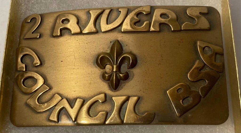 Vintage Metal Belt Buckle, Brass, 2 Rivers Council BSA, Boy Scouts of America, Nice Design, 3 1/4" x 2", Heavy Duty, Quality, Thick Metal