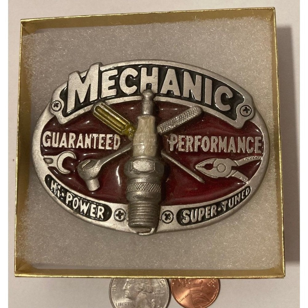 Vintage 1982 Metal Belt Buckle, Mechanic, Guaranteed Performance,