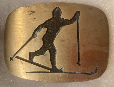 Vintage Metal Belt Buckle, Brass, Skiing, Cross Country, Ski, Snow, Lodge, Nice Western Design, Cowboy, 2 3/4" x 2", Heavy Duty, Made in USA