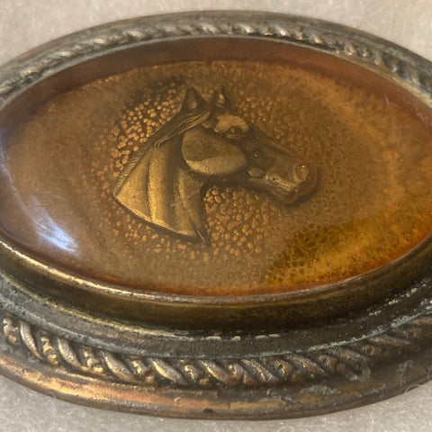 Vintage Metal Belt Buckle, Nice Horse Under Very Thick Epoxy Design, Nice Design