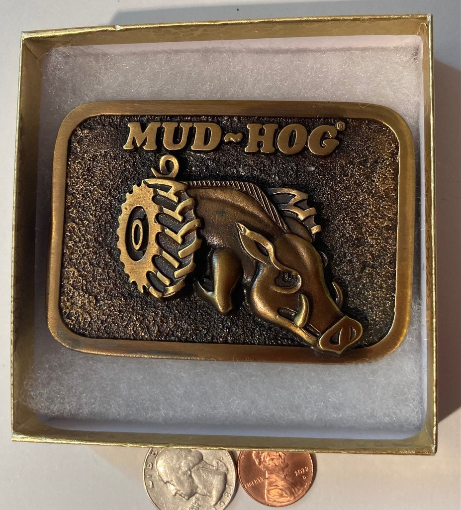 Vintage Metal Belt Buckle, Brass, Mud Hog, Rear Wheel Drive, Nice Western Design, 3 1/3" x 2 1/2", Heavy Duty, Quality, Thick Metal