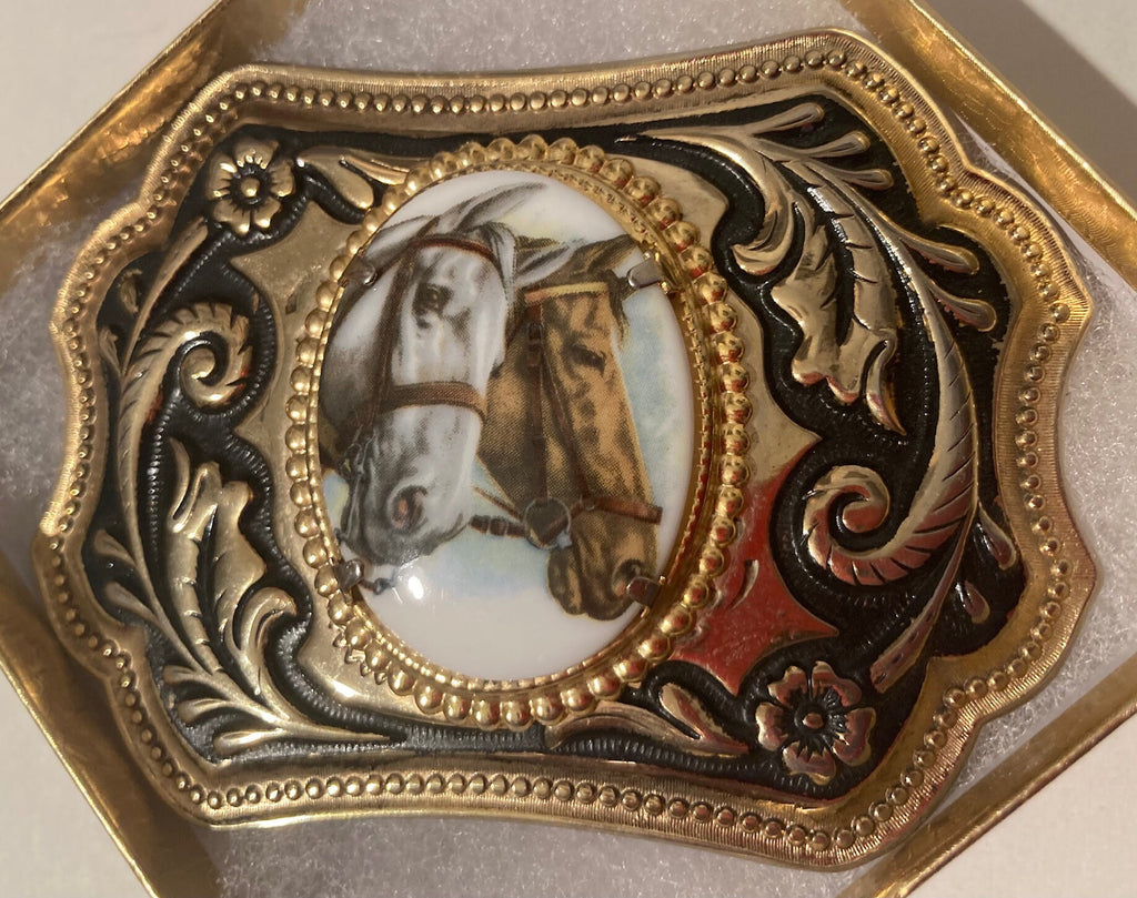 Vintage Metal Belt Buckle, Two Horses, Nice Stone, Nice Design, 3 3/4" x 2 1/2", Heavy Duty, Quality, Thick Metal, Made in USA, For Belts