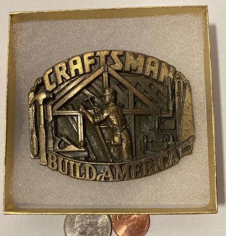 Vintage 1993 Metal Belt Buckle, Craftsman Build America, Construction, Nice Western Design, 3" x 2 1/2", Heavy Duty, Quality, Thick Metal