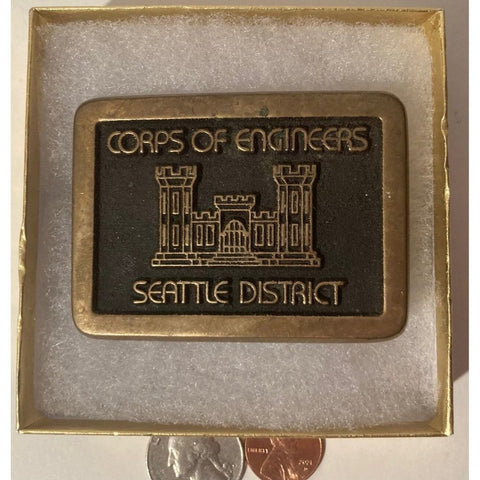 Vintage Metal Belt Buckle, Corps of Engineers, Seattle District, Bronze, 3", x 2