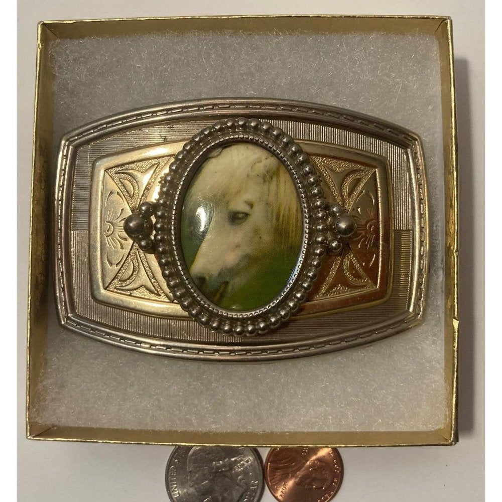 Vintage Metal Belt Buckle, Nice White Horse, Nice Design, 3 1/2" x 2 1/2",