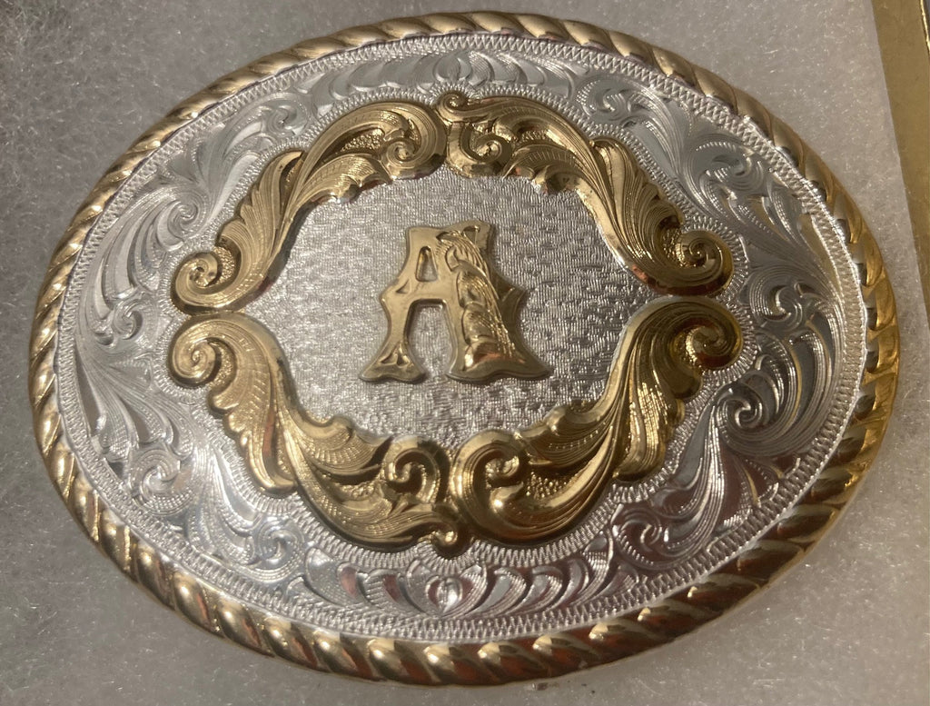 Vintage Metal Belt Buckle, Silver and Brass, Letter A, Initial A, Montana Silversmiths, Nice Design, 3" x 2 1/4", Heavy Duty, Quality