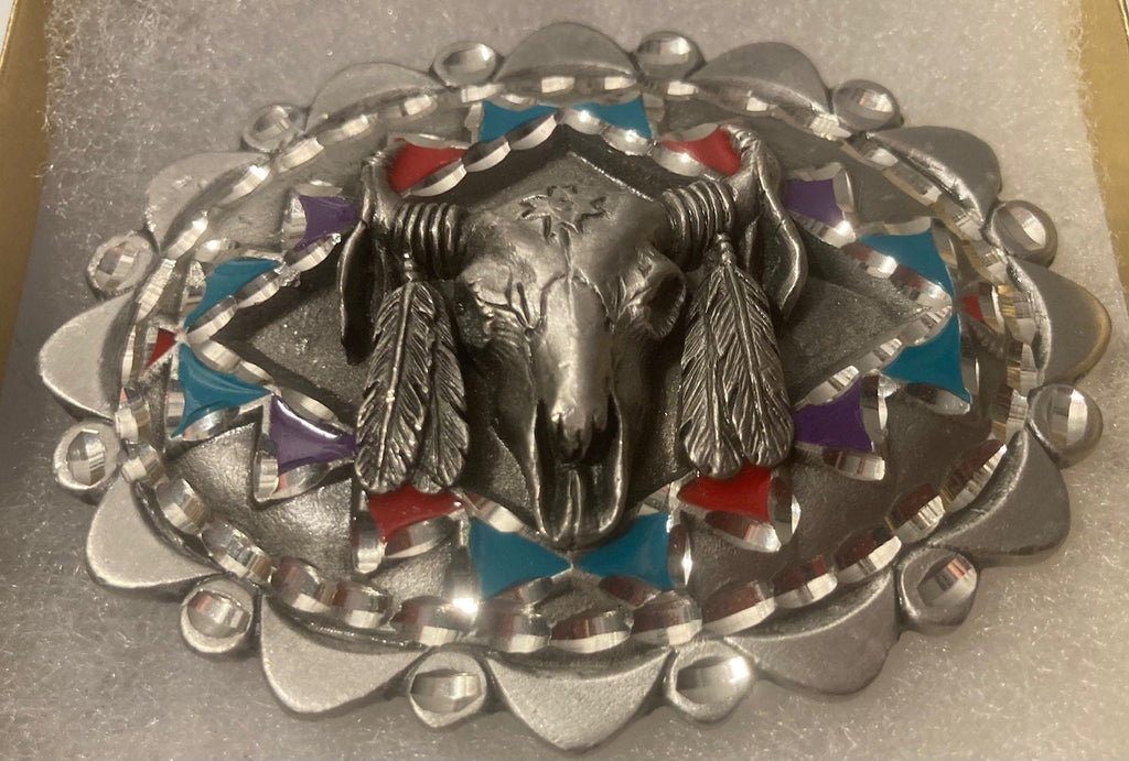 Vintage 1996 Metal Belt Buckle, Native Design, Bull Skull, Blue and Red, Nice Design, 3 1/4" x 2 1/4", Heavy Duty, Quality, Thick Metal