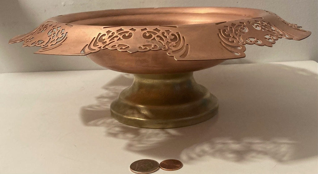 Vintage Metal Copper and Brass Fruit Bowl, Basket, Baking, Candy, Food, Heavy Duty, Thick Metal, Weighs 2 Pounds, 13" x 4 1/2", Kitchen