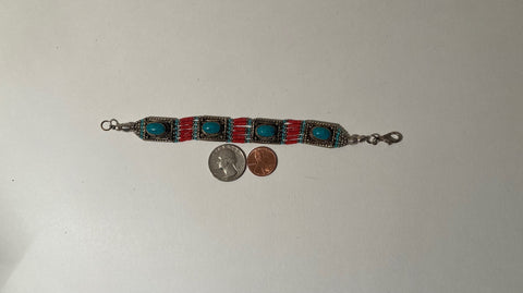 Vintage Metal Silver Bracelet with Nice Blue Turquoise Stones, Red and Gold, Fashion, Wrist, Bracelet, Accessory, Native Design