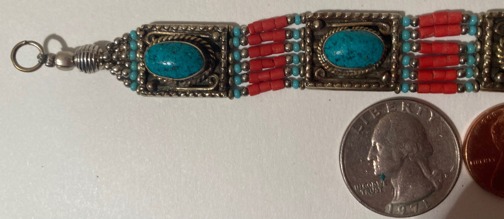 Vintage Metal Silver Bracelet with Nice Blue Turquoise Stones, Red and Gold, Fashion, Wrist, Bracelet, Accessory, Native Design