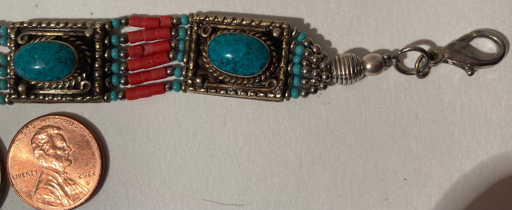 Vintage Metal Silver Bracelet with Nice Blue Turquoise Stones, Red and Gold, Fashion, Wrist, Bracelet, Accessory, Native Design