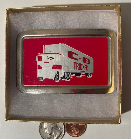 Vintage Metal Belt Buckle, C. B. Trucker, Trucking, Semi, 18 Wheeler, Truck Driving, Nice Western Design, 3 1/2" x 2 1/4", Quality, Made in USA, Country and Western, Heavy Duty, Fashion, Belts, Shelf Display, Collectible Belt Buckle