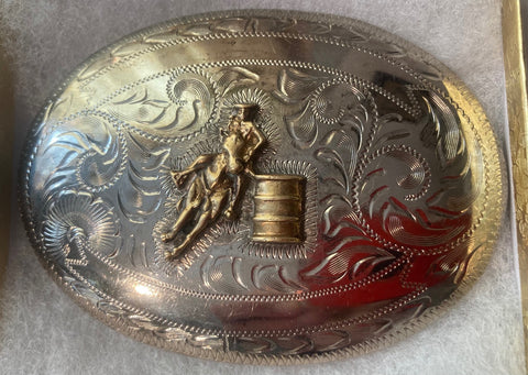 Vintage Metal Belt Buckle, Silver Plate, Barrel Racing, Horse, Rodeo, Equestrian, Nice Design, 3 1/2", x 2 1/2", Heavy Duty, Quality, Made in USA, Thick Metal, For Belts, Fashion, Shelf Display, Western Wear, Southwest, Country, Fun, Nice